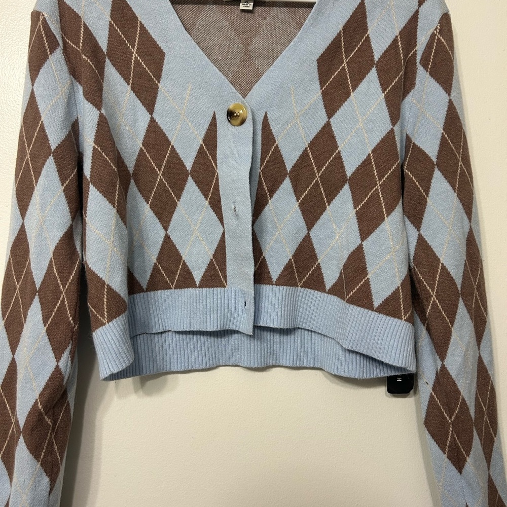 Haute Monde Blue and Brown Argyle Cardigan